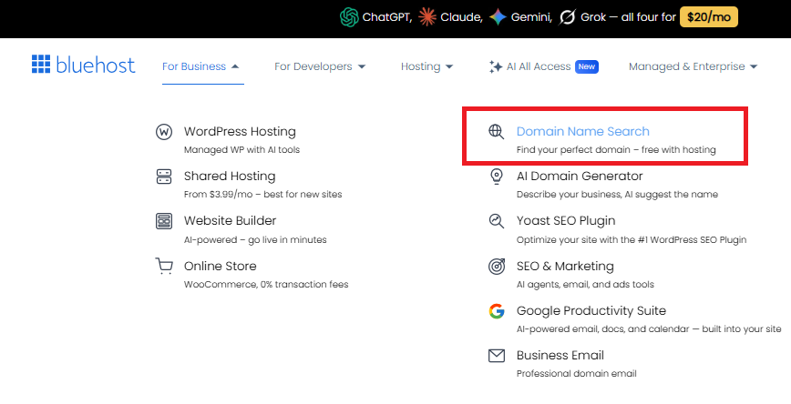 Bluehost Domain Name Search option in the For Business menu