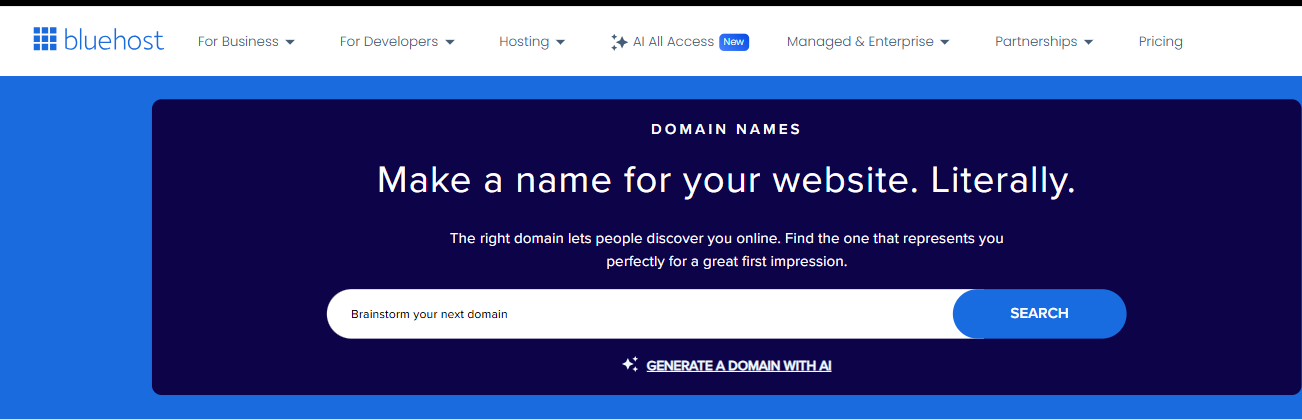 Bluehost domain search page with AI domain generator option