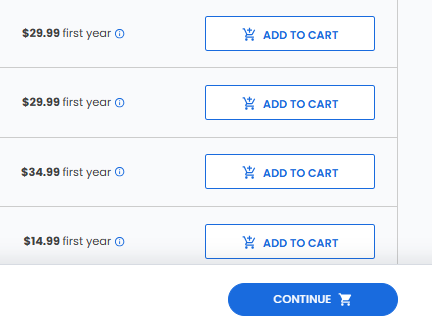 Bluehost domain selection page with Add to Cart and Continue options