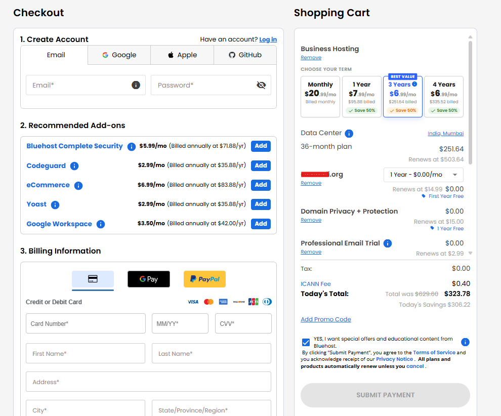 Bluehost checkout page showing billing term and domain order details