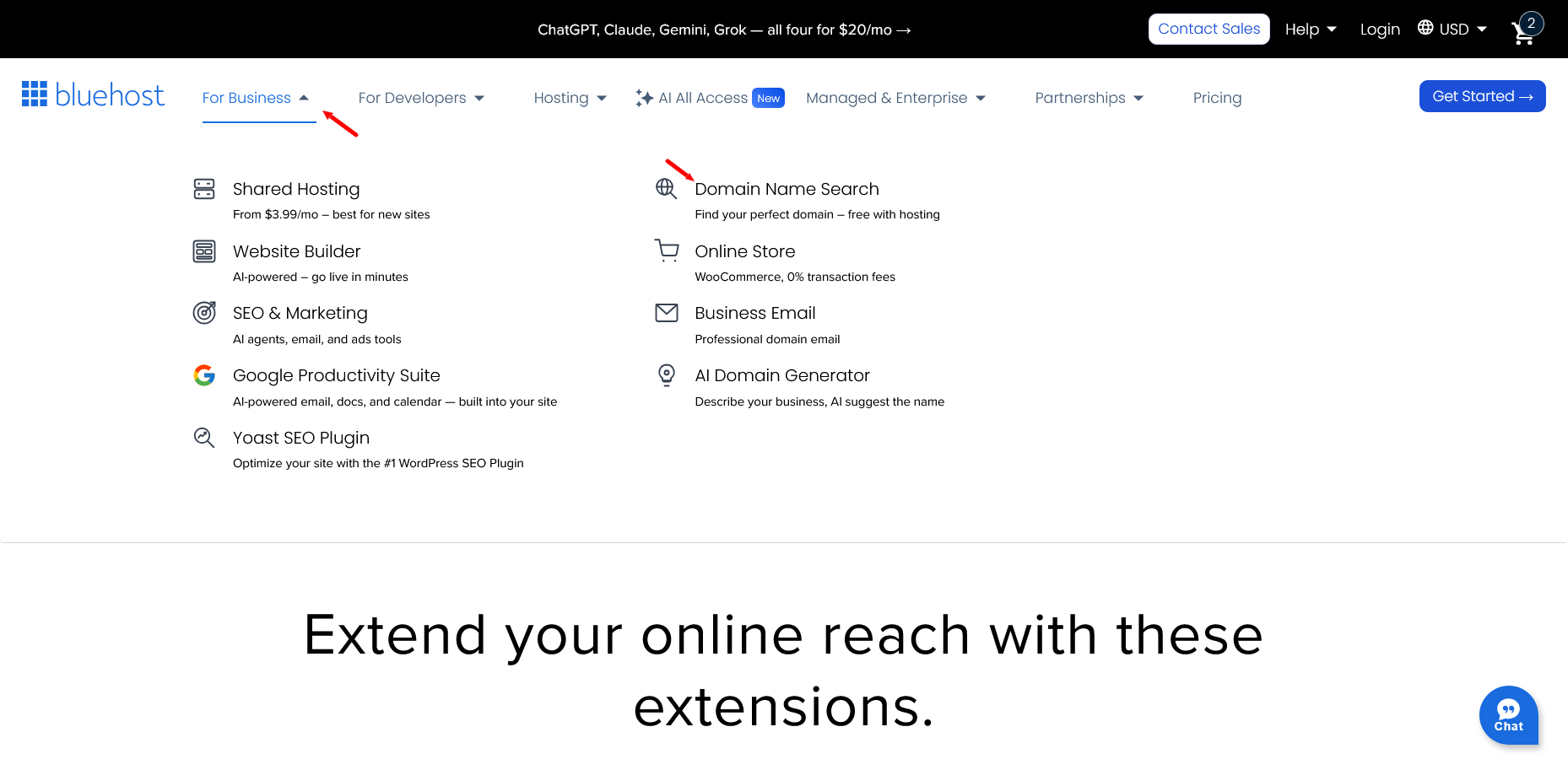 Bluehost For Business dropdown showing Domain Name Search option