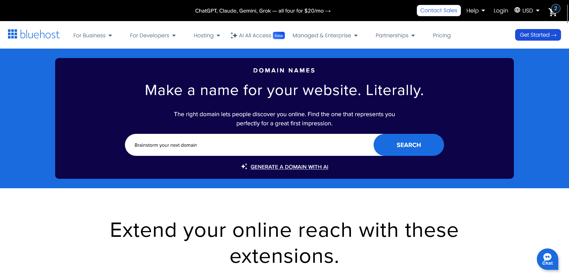 Bluehost domain search results page with exact match and recommended alternatives