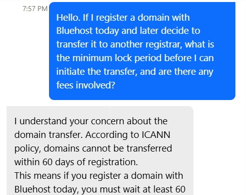Bluehost live chat support conversation about domain transfer lock period