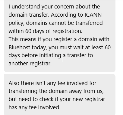 Bluehost support agent explaining ICANN 60-day domain transfer lock