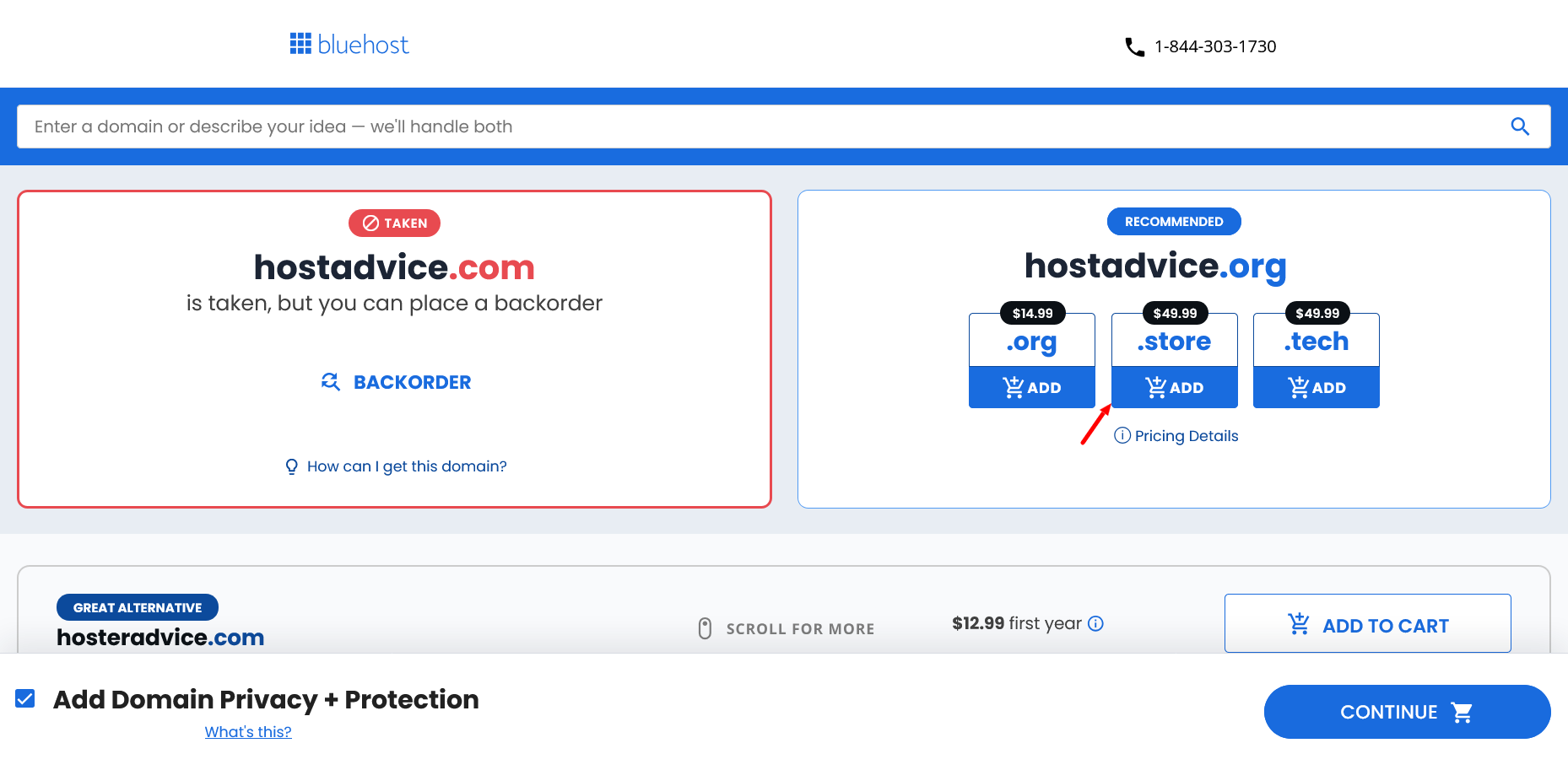 Bluehost taken domain result with backorder option
