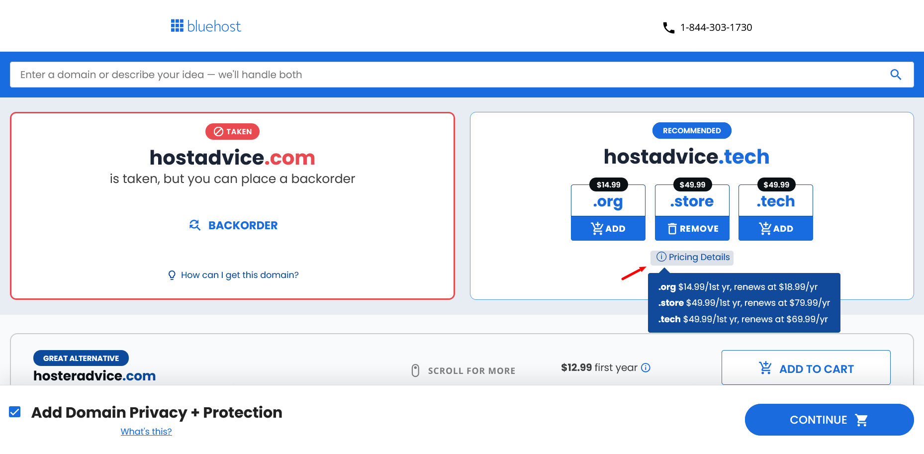 Bluehost pricing details tooltip showing first-year and renewal prices
