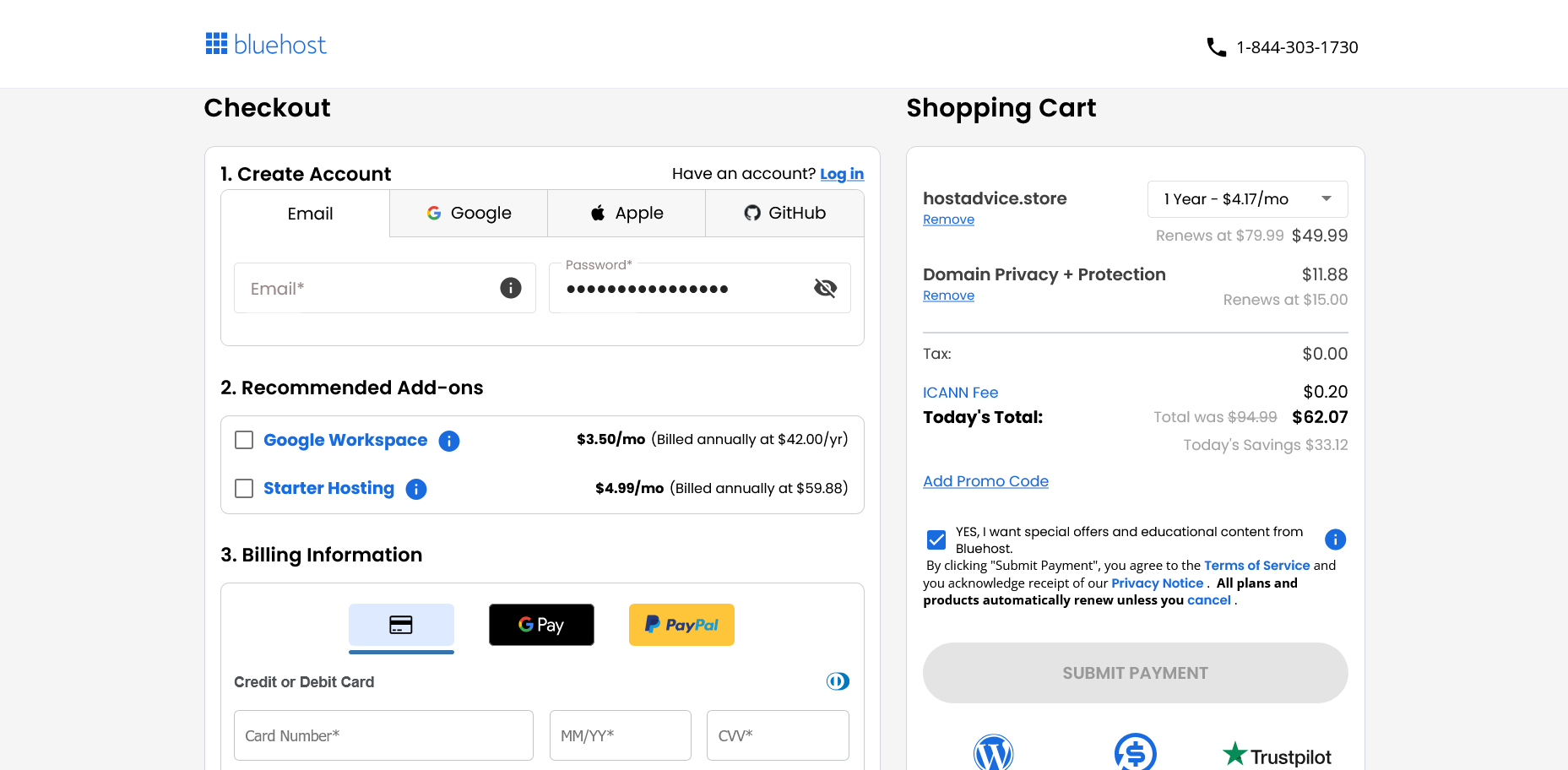 Bluehost domain checkout page with account creation and shopping cart sections