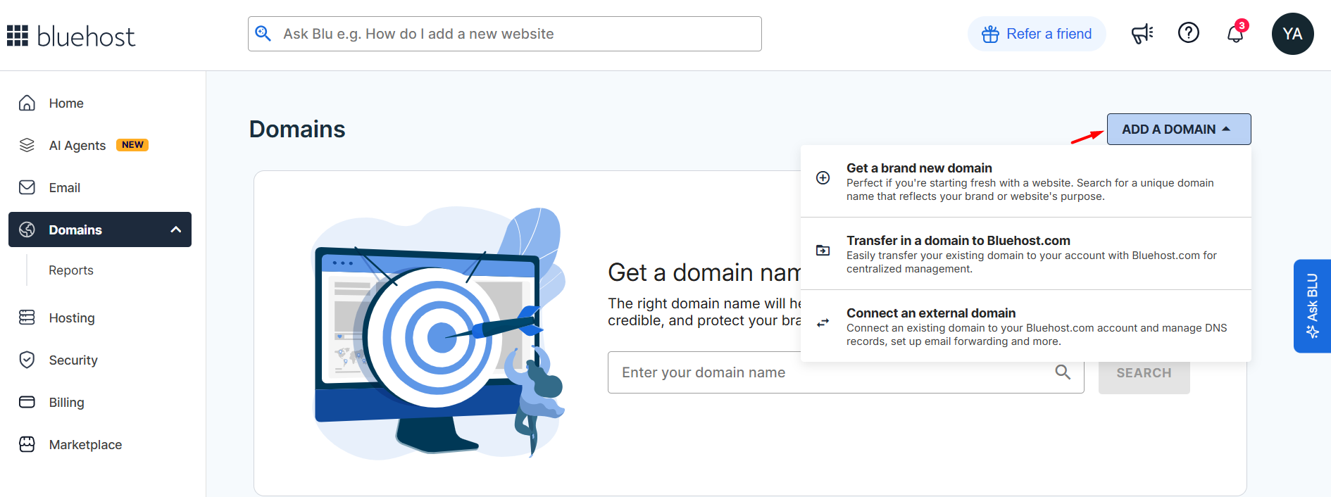 Bluehost Domains tab showing add a domain menu