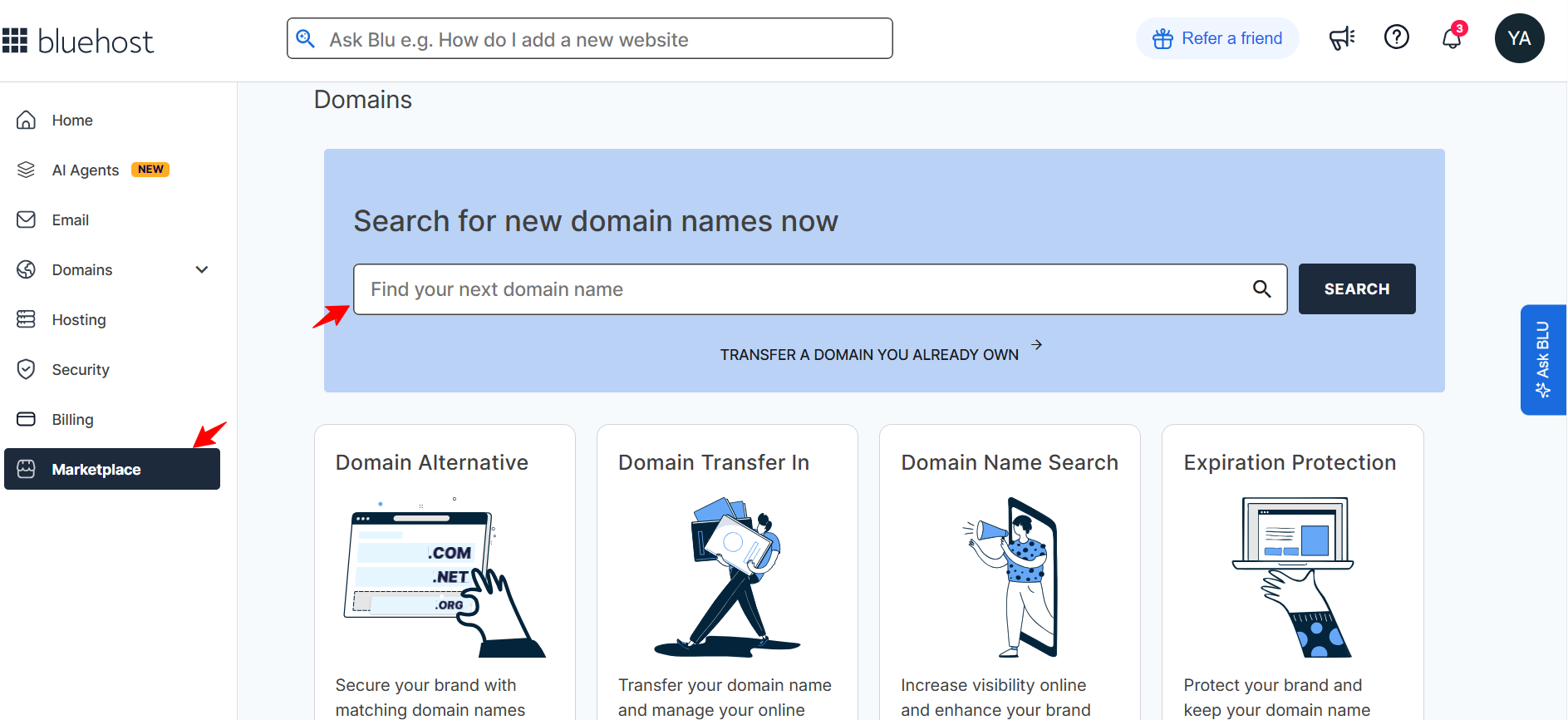 Bluehost Marketplace domain search box for checking availability