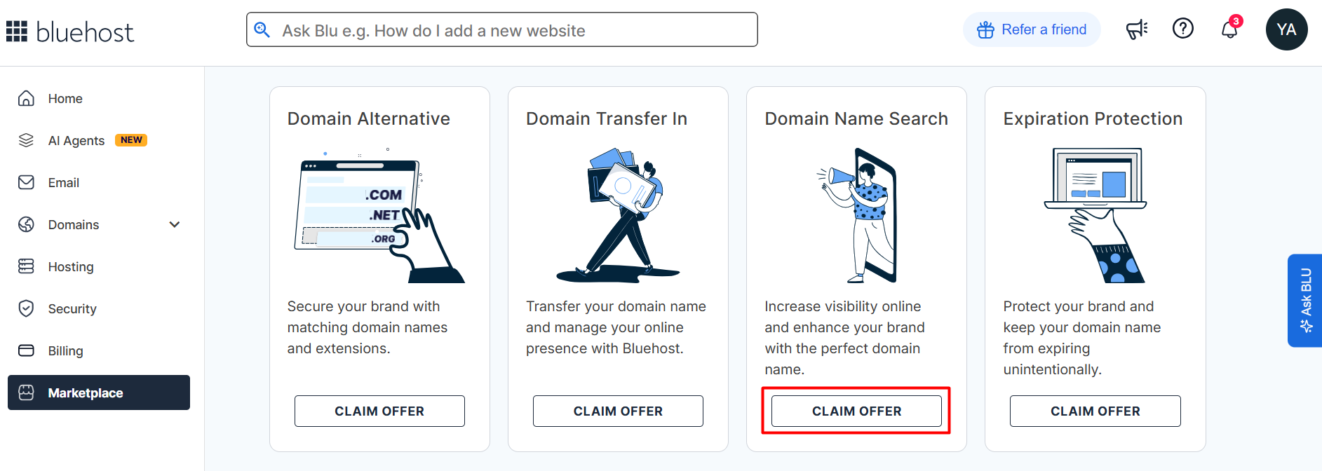 Bluehost Marketplace domain name search card with claim offer button