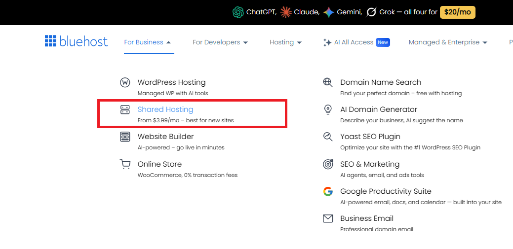 Bluehost Shared Hosting option in the For Business menu