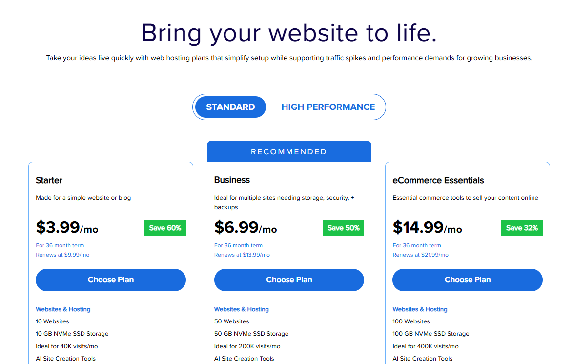 Bluehost hosting plans comparison page