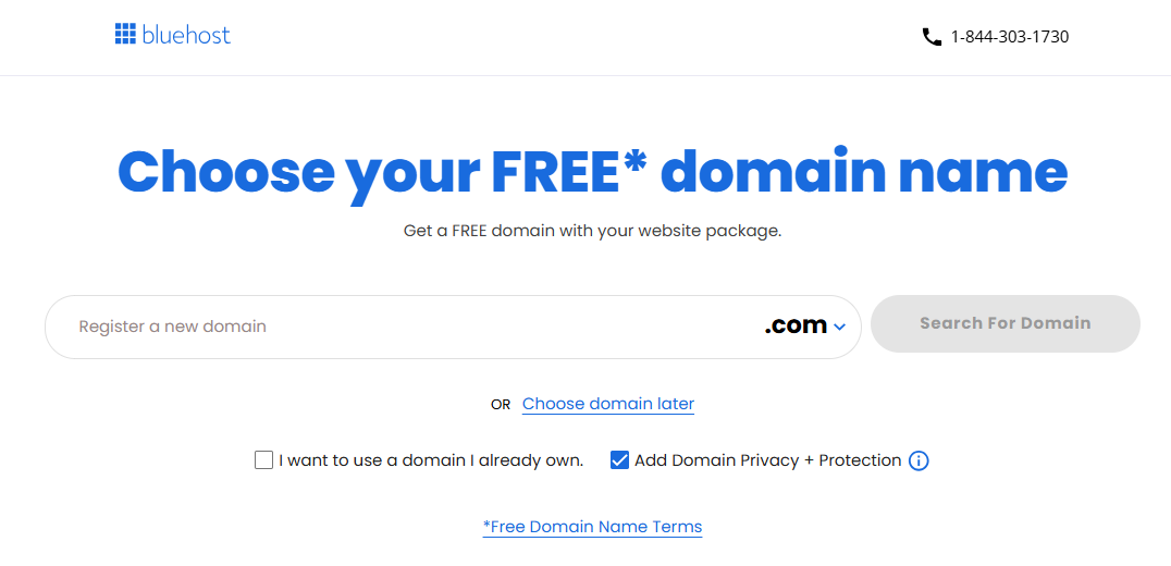 Bluehost domain search and selection page