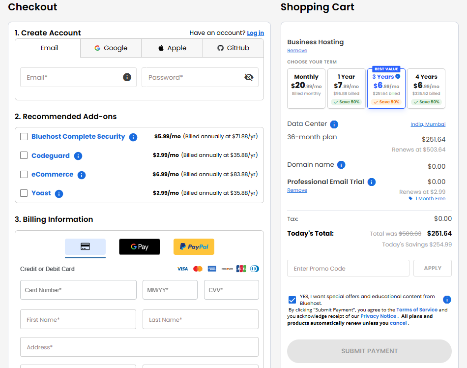 Bluehost checkout page with billing term and add-on options