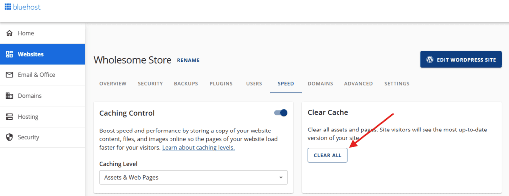 Bluehost server-level caching feature for faster page delivery