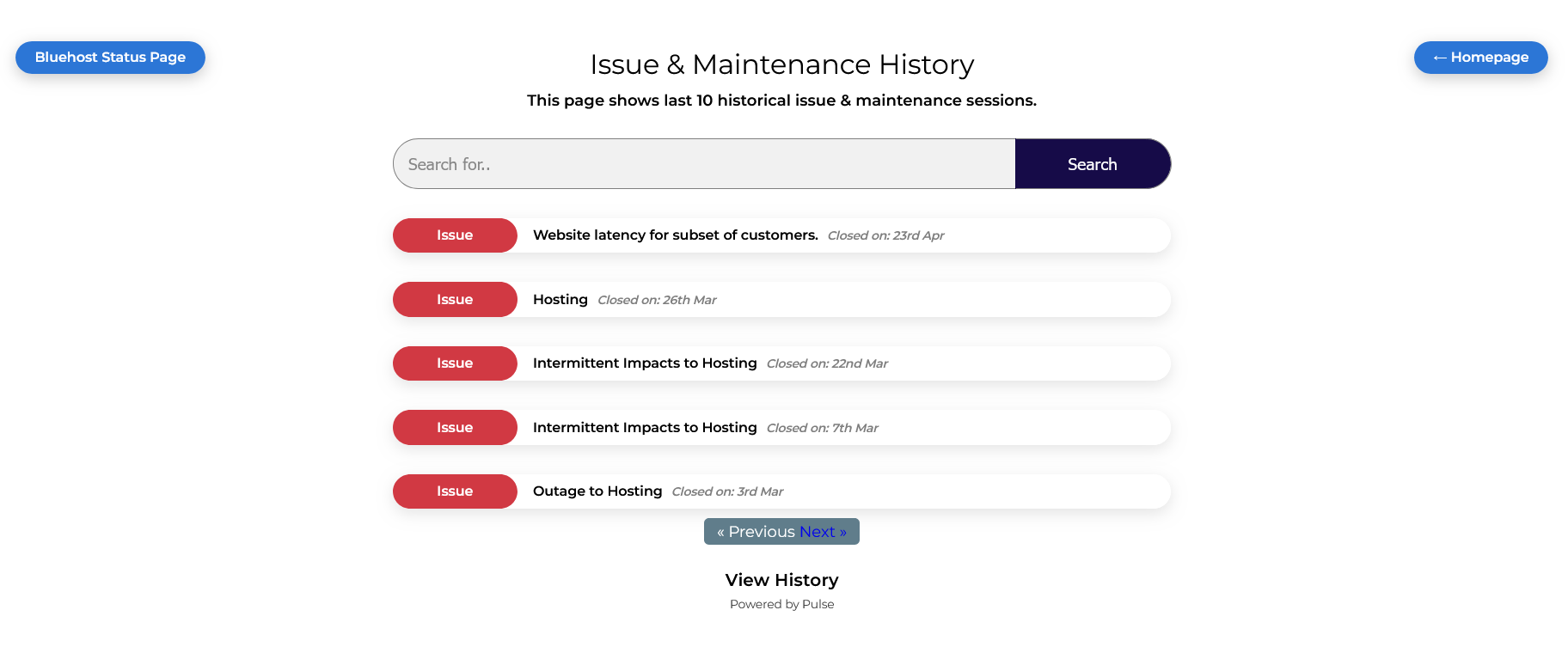Bluehost status page showing operational status categories and updates