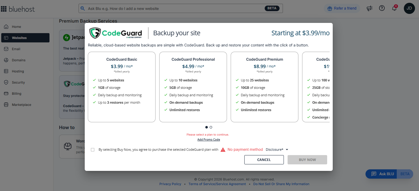 Bluehost CodeGuard backup feature for restoring website data