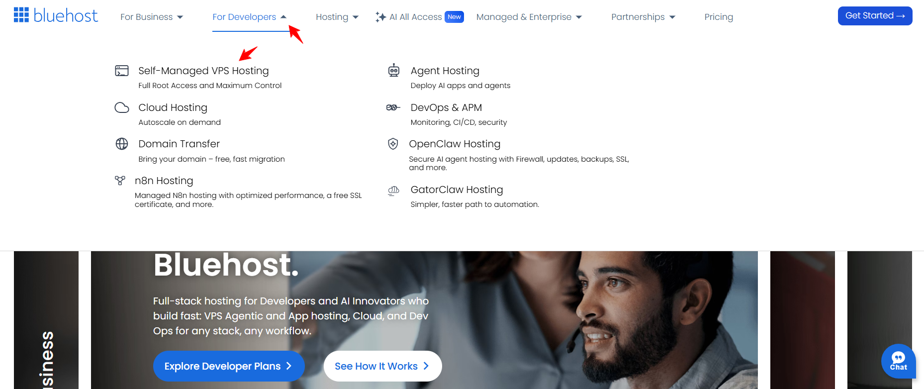 Bluehost For Developers dropdown showing Self-Managed VPS Hosting option