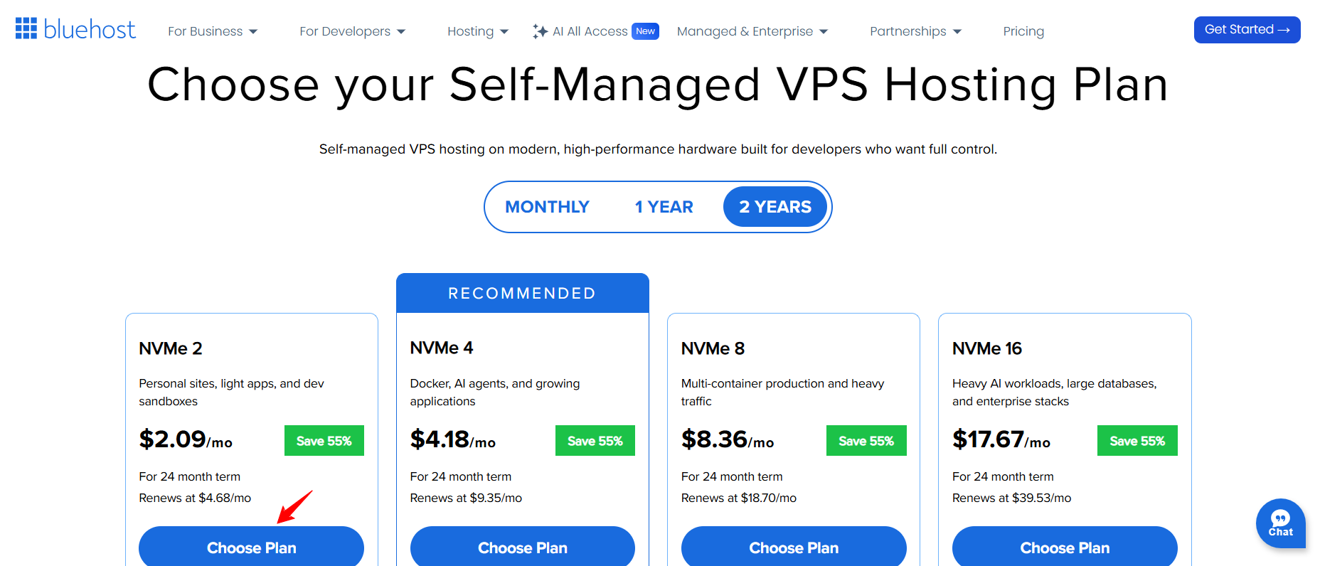 Bluehost VPS plan selection page with monthly and term billing options