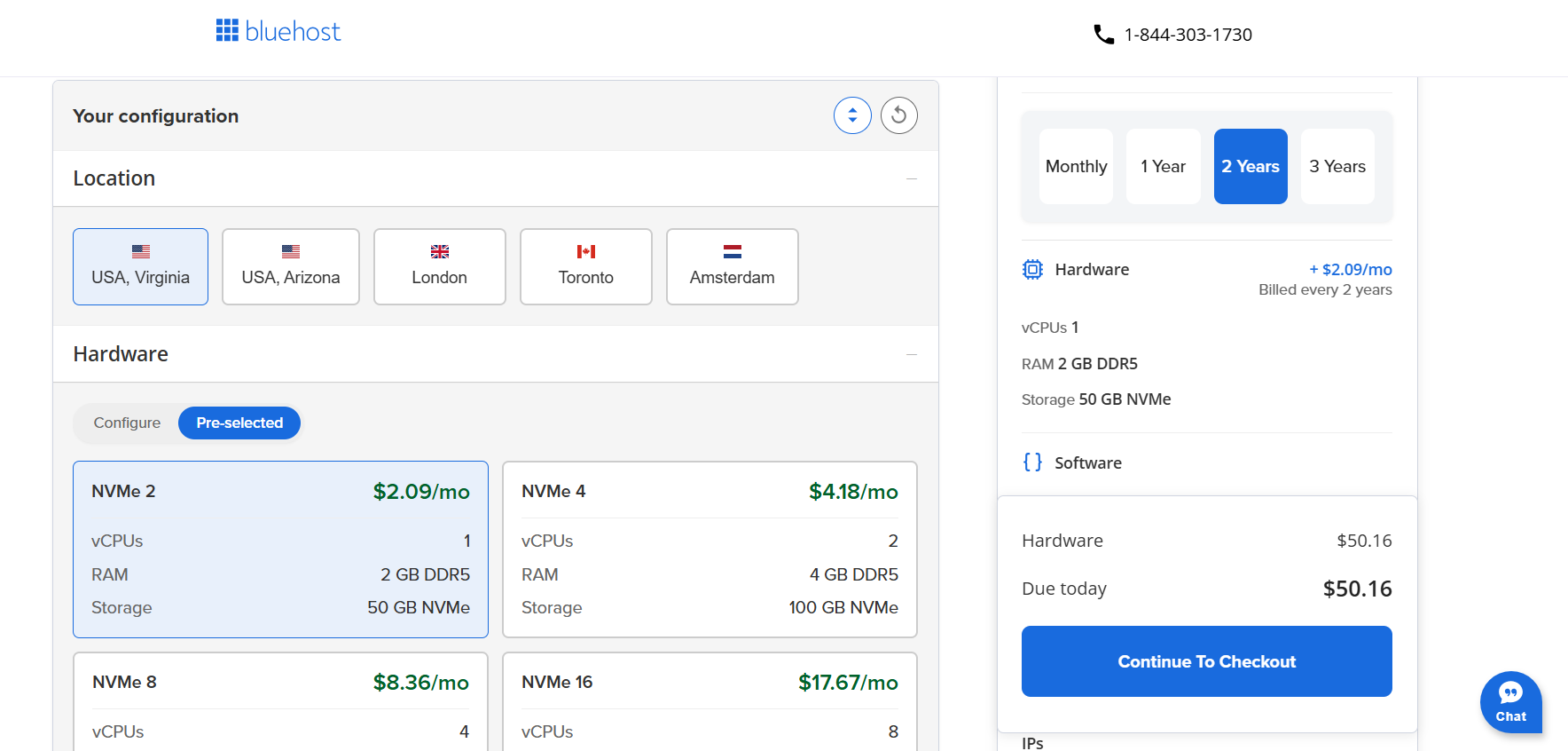 Bluehost VPS server location selection with USA Virginia, USA Arizona, London, Toronto, and Amsterdam