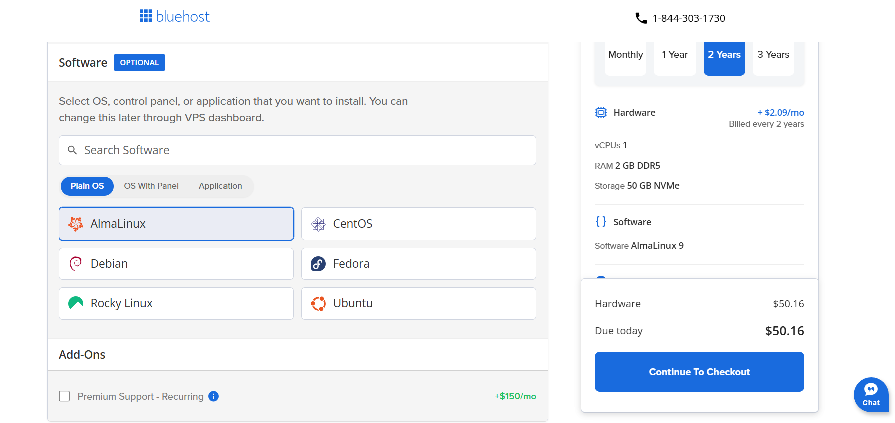 Bluehost VPS software configuration with Plain OS, OS With Panel, and Application tabs