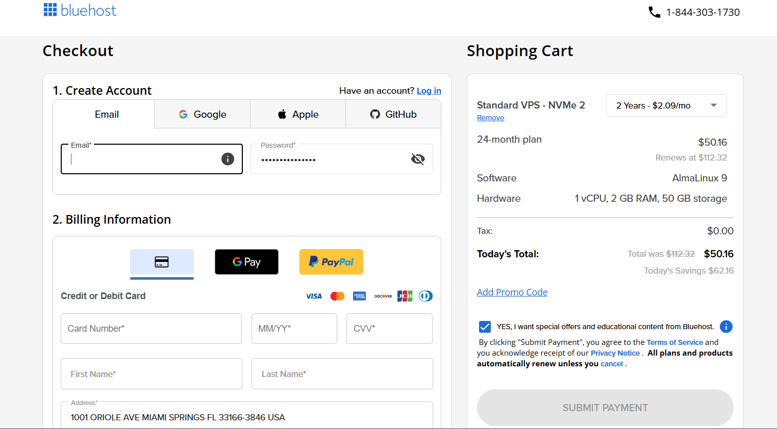 Bluehost VPS checkout page with account creation and billing information sections