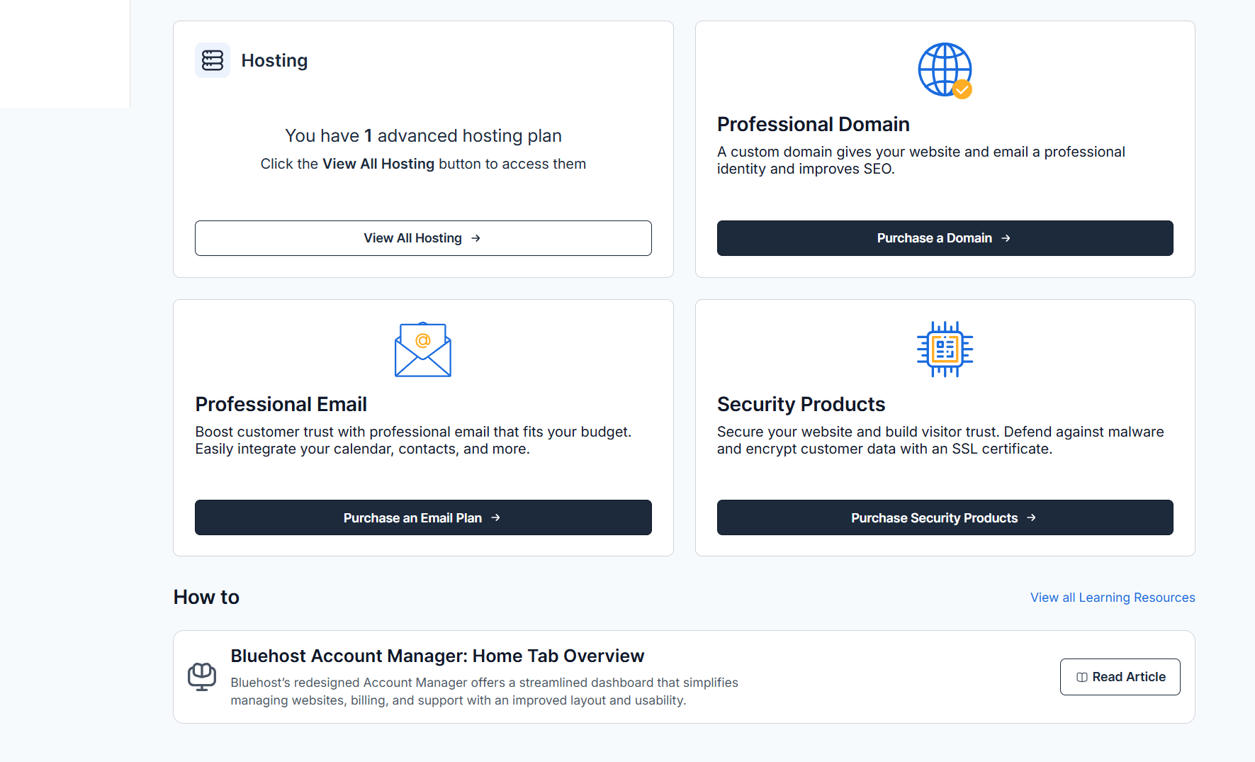 Bluehost Hosting section listing the active Standard VPS NVMe 2 plan