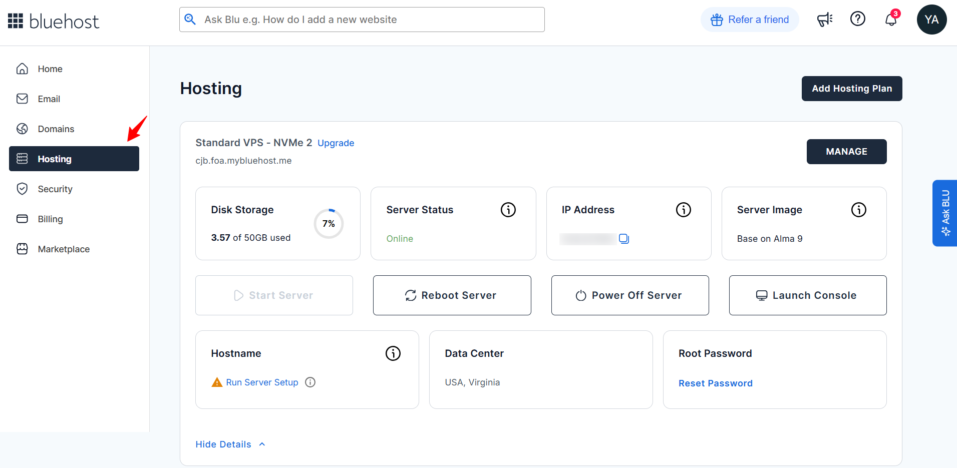 Bluehost Standard VPS NVMe 2 management page with server image and status cards