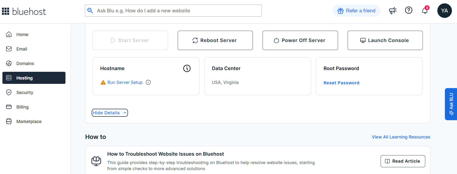 Bluehost VPS management page showing data center, IP address, hostname, and root password controls