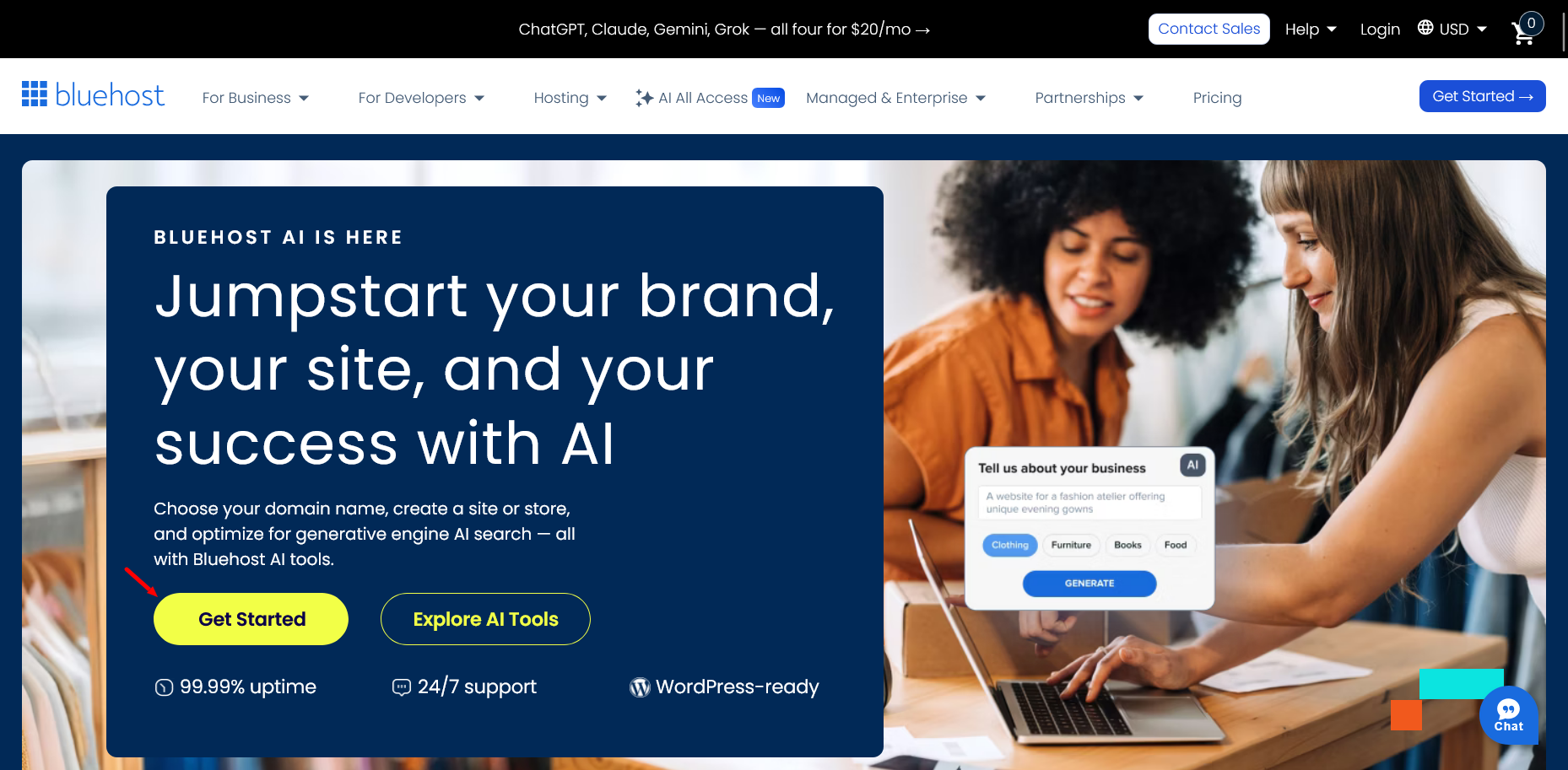Bluehost homepage with AI website builder Get Started button