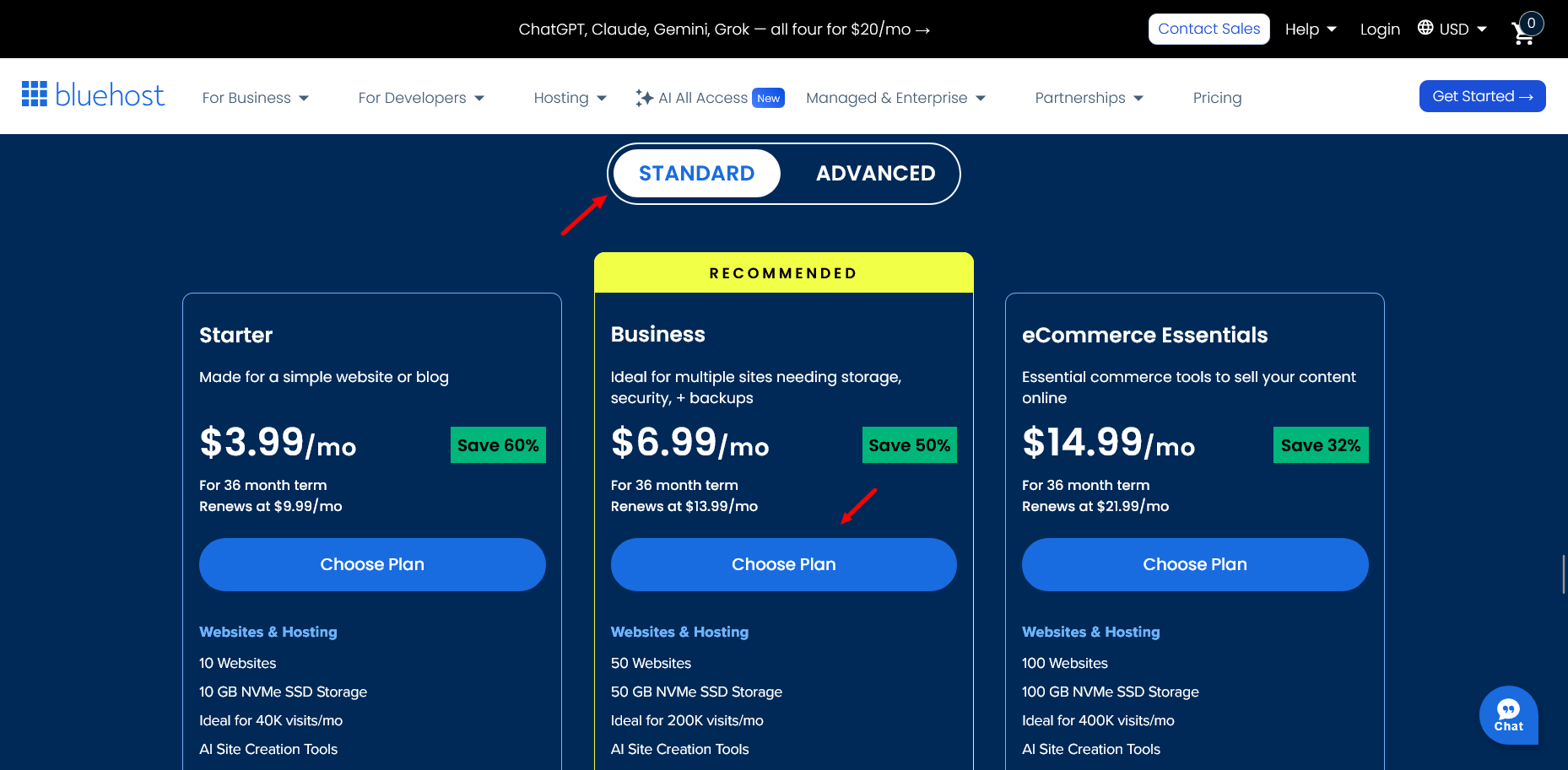 Bluehost Website Builder pricing page with Standard plan cards and Business plan highlighted
