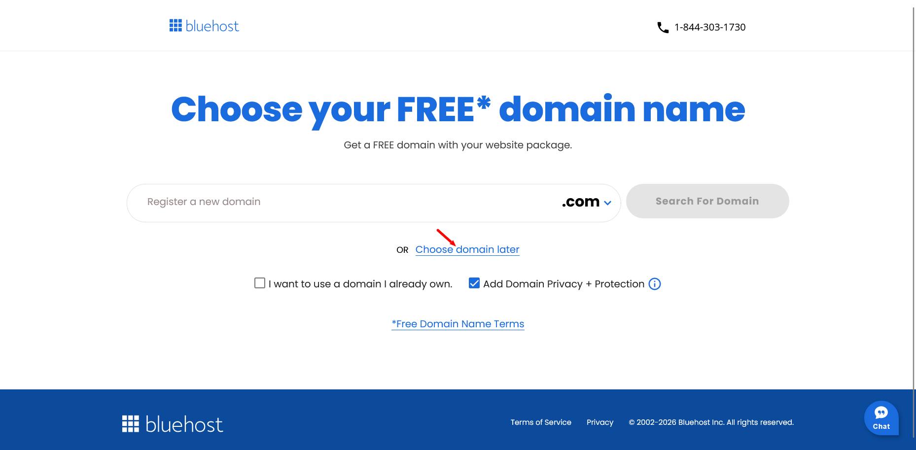 Bluehost domain selection page with free domain search and Choose domain later option