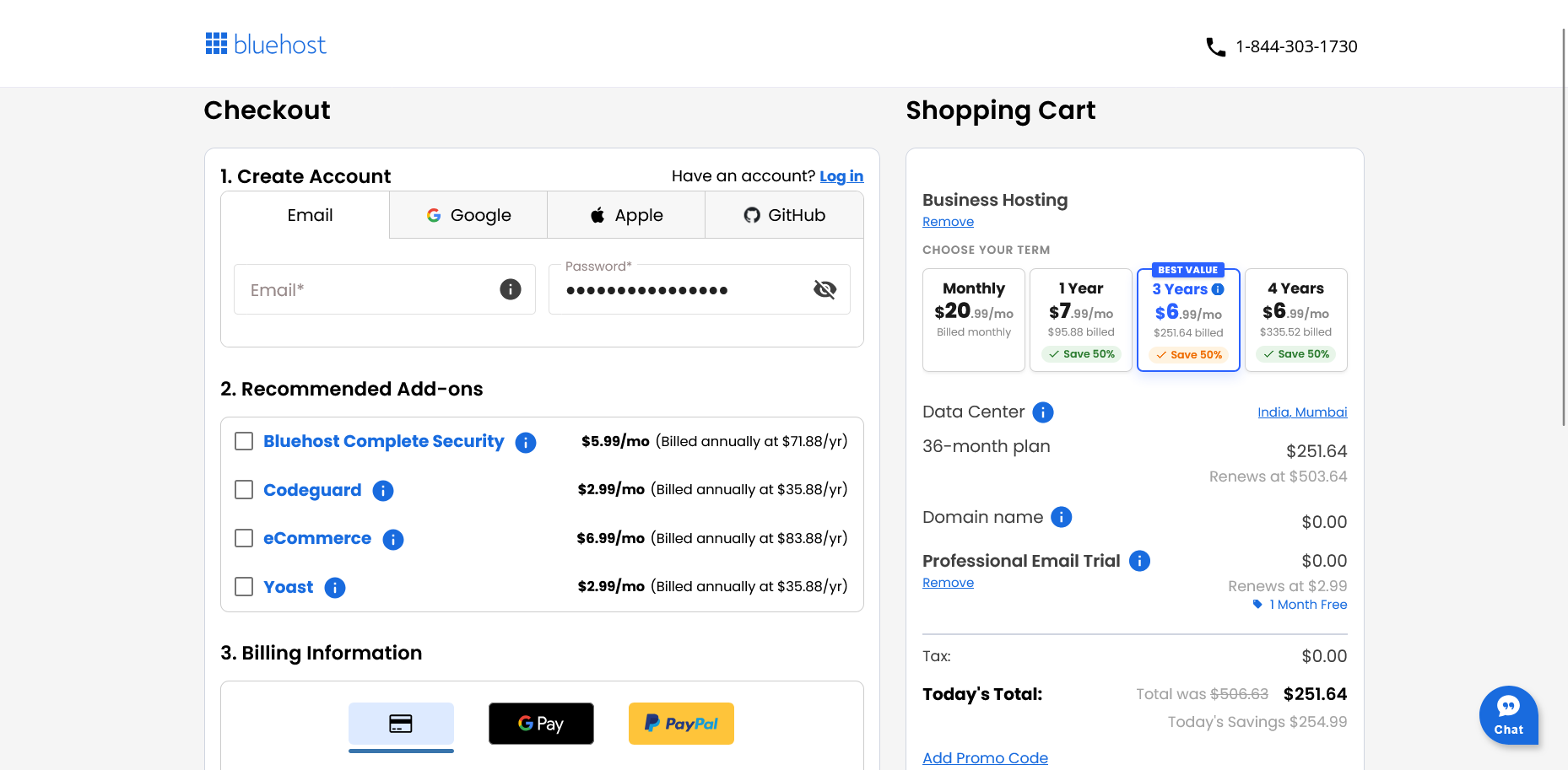 Bluehost checkout create account section with Email, Google, Apple, and GitHub signup options