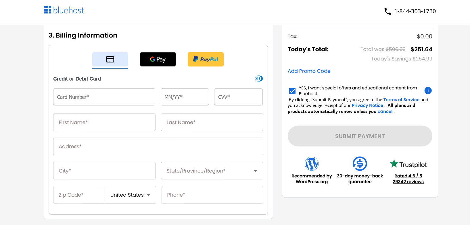 Bluehost checkout billing information section with credit card, Google Pay, and PayPal options
