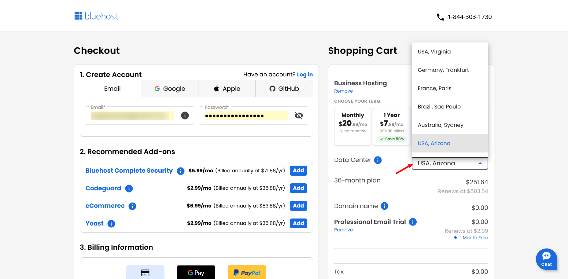 Bluehost shopping cart panel with billing term selector and data center dropdown