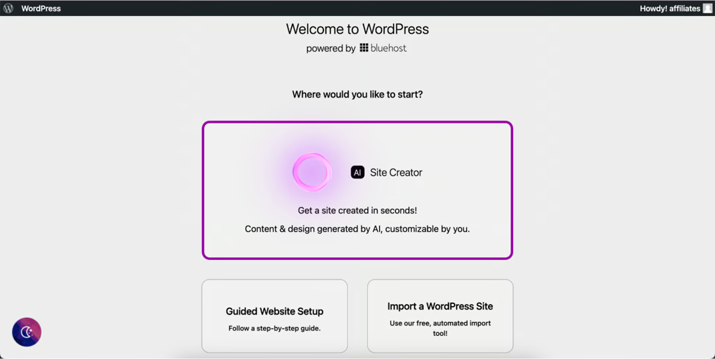 Bluehost AI Website Builder prompt asking users to describe their business