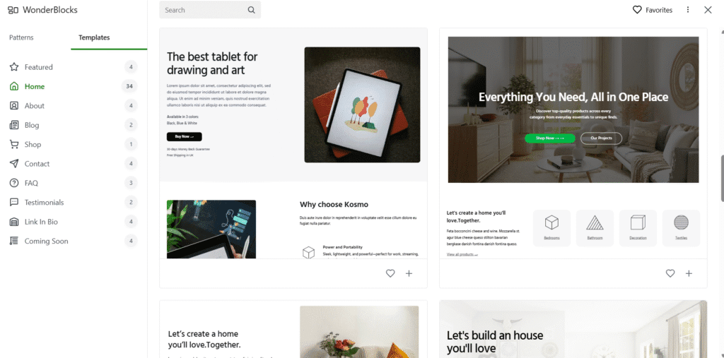 Bluehost WonderSuite editor with section library, page controls, and visual site preview