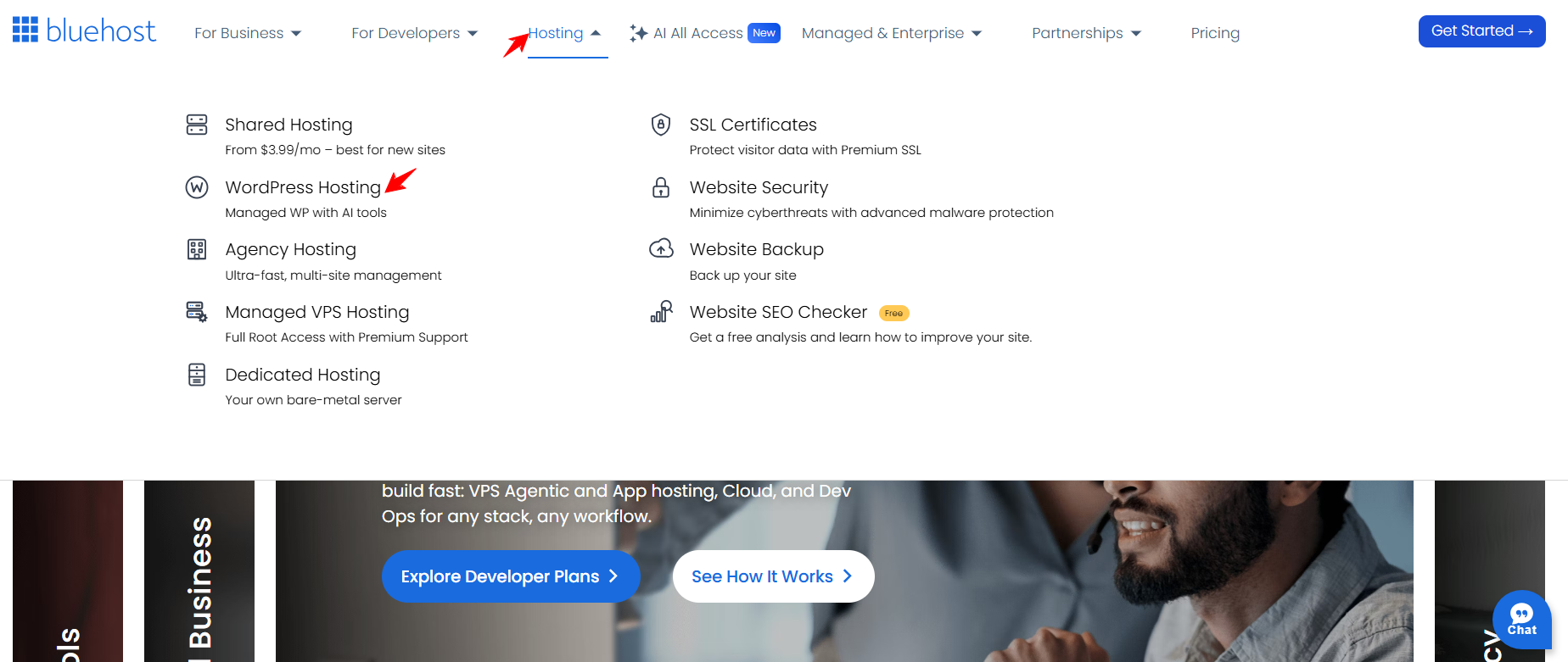 Bluehost hosting menu showing the WordPress Hosting option