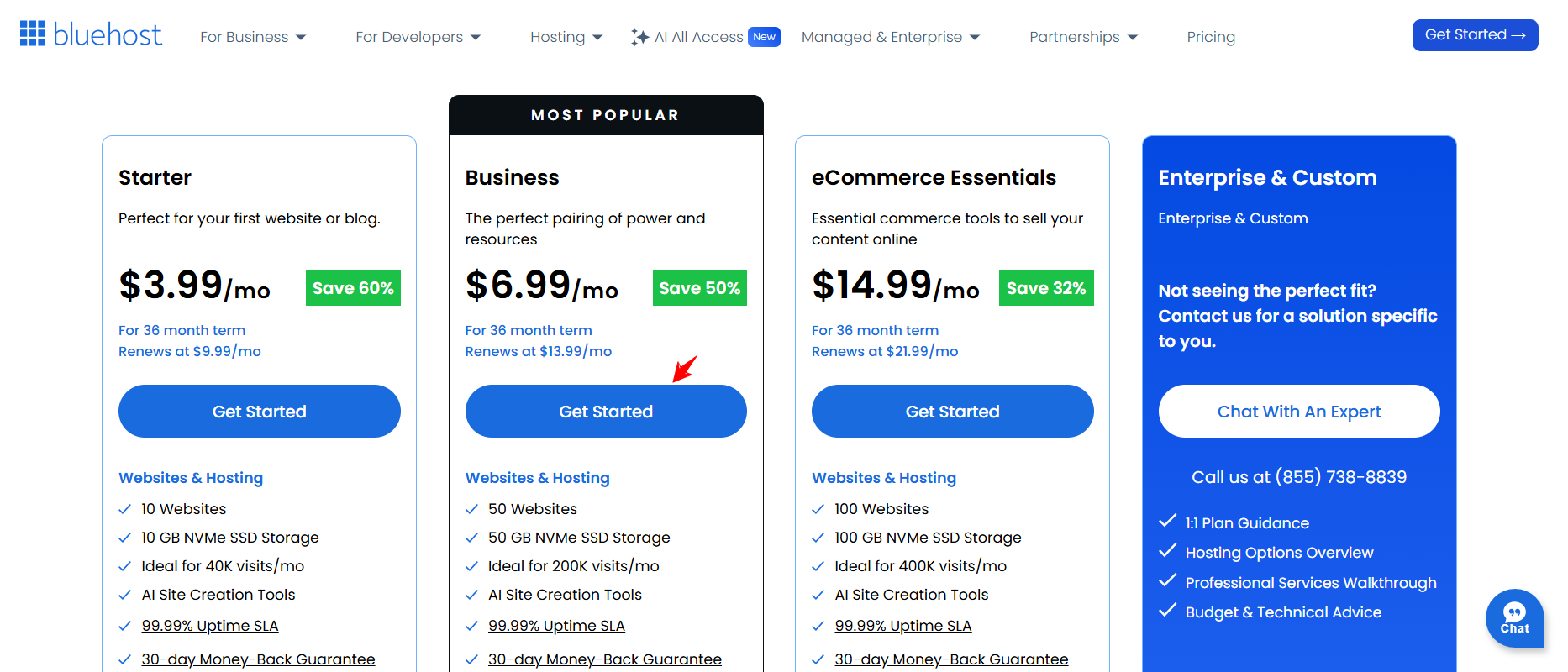 Bluehost WordPress hosting plan selection page with Starter, Business, and eCommerce Essentials plans
