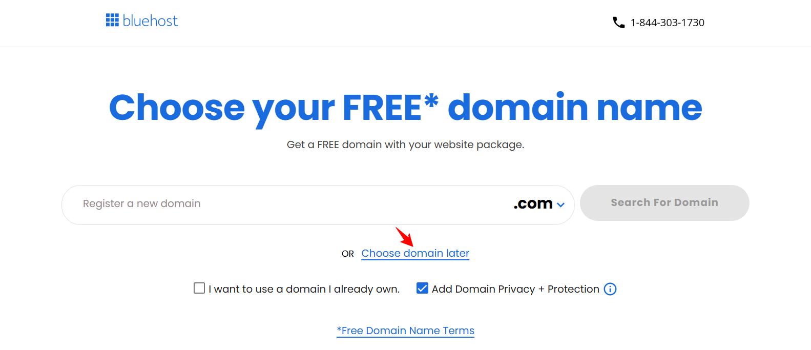 Bluehost free domain selection page with Domain Privacy option