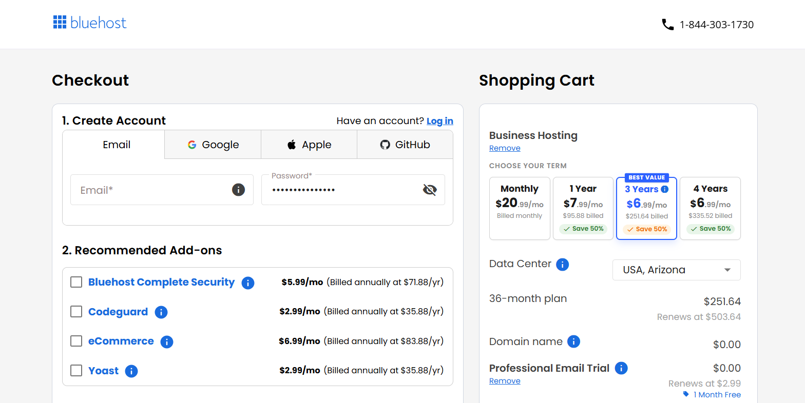 Bluehost checkout page with account creation options and recommended add-ons