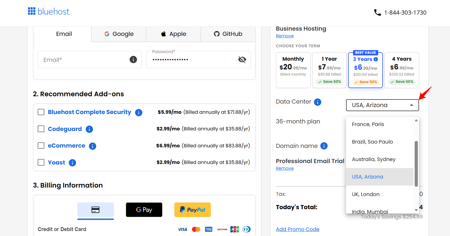Bluehost data center selection dropdown showing global server locations