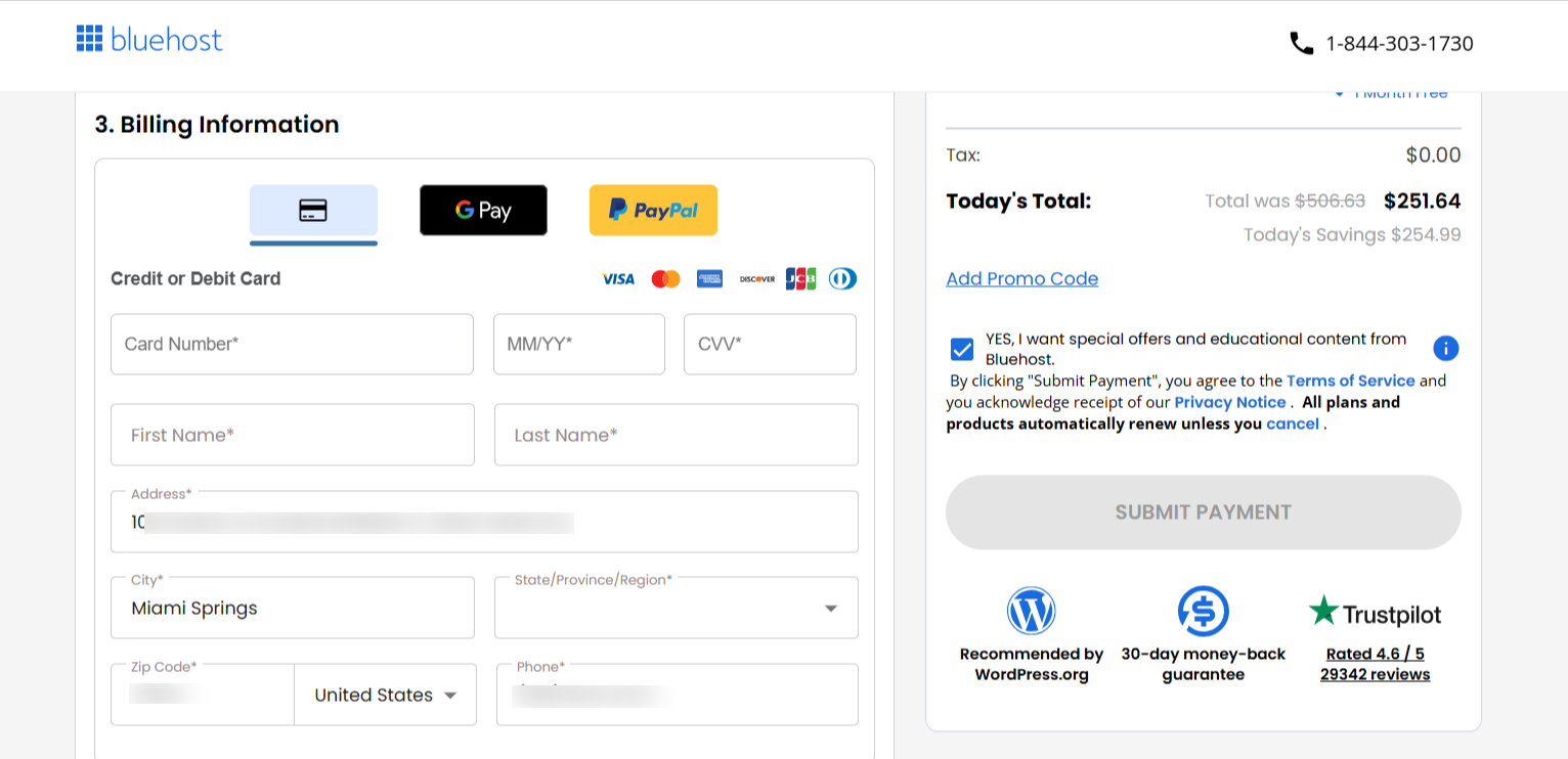 Bluehost billing term selector and payment submission section