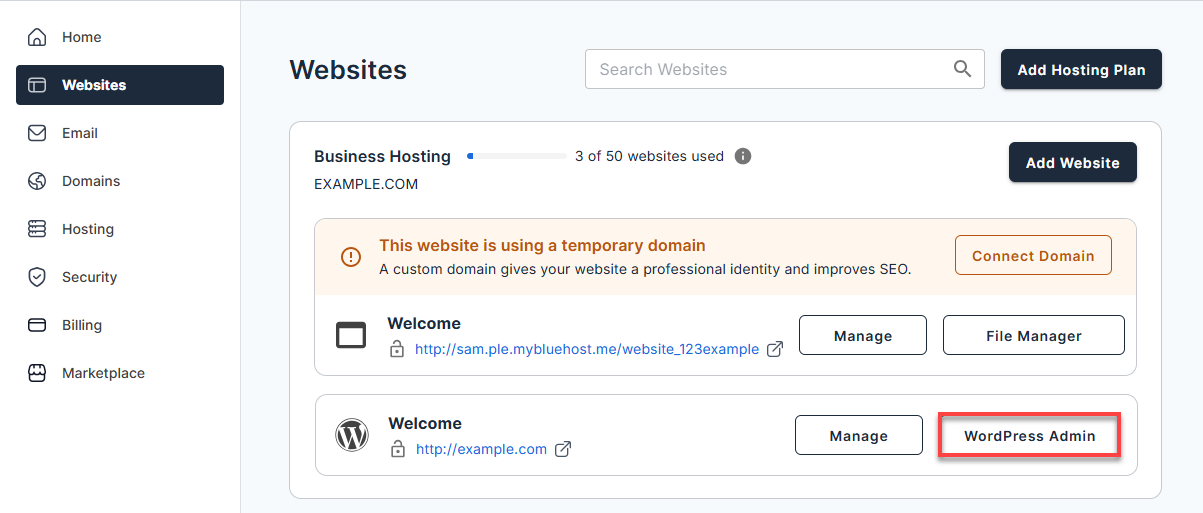 Bluehost Websites section showing WordPress site management and WordPress Admin shortcut