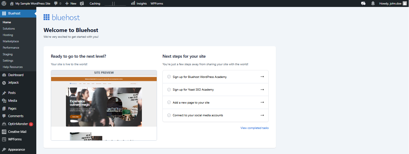 Bluehost WordPress Admin dashboard with onboarding checklist and site preview