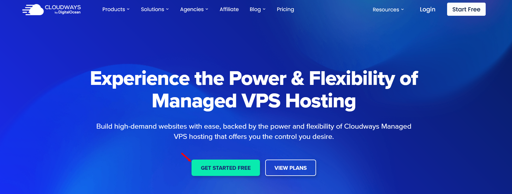 Cloudways homepage with Get Started Free button