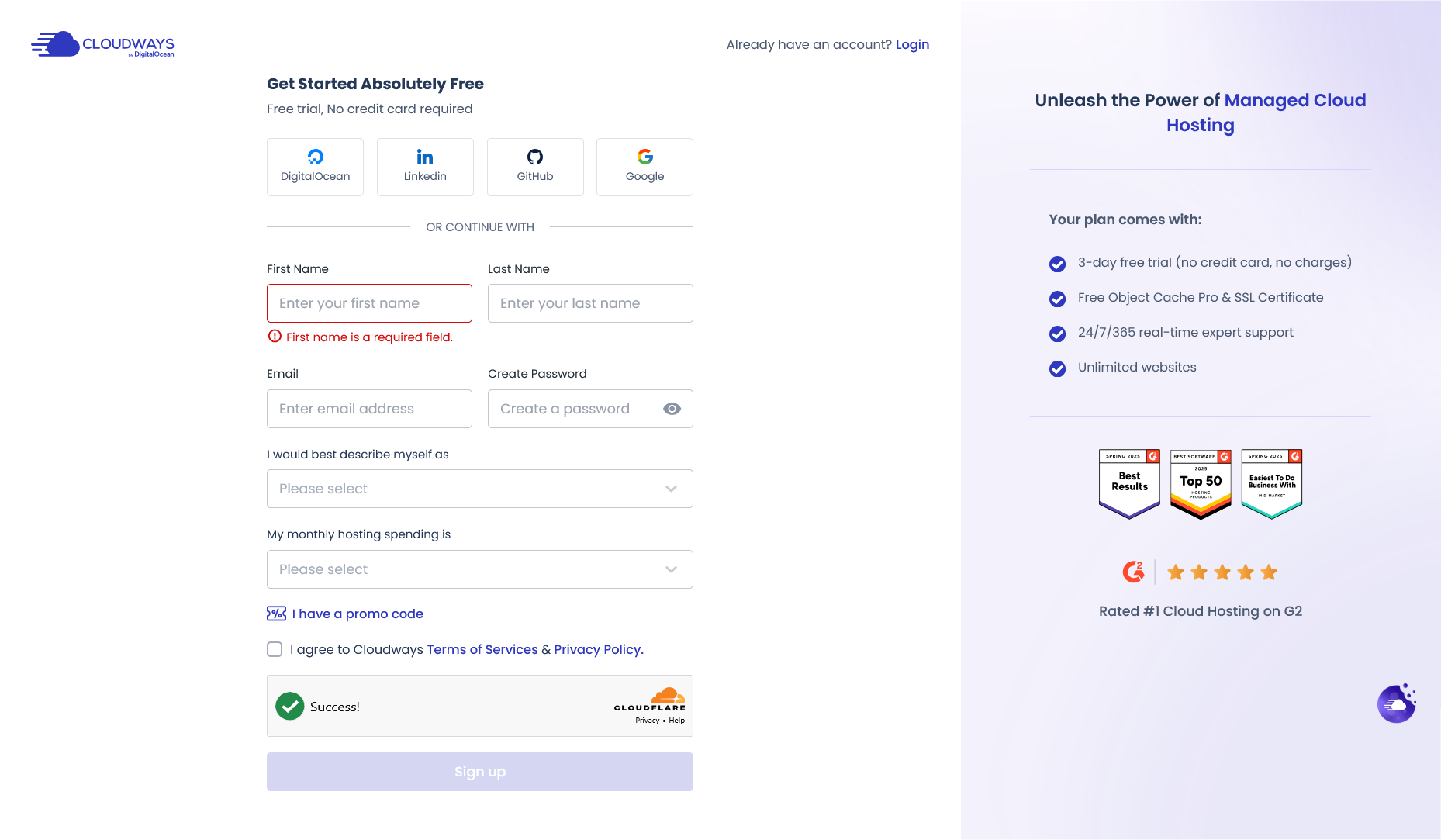 Cloudways signup form showing no credit card required trial