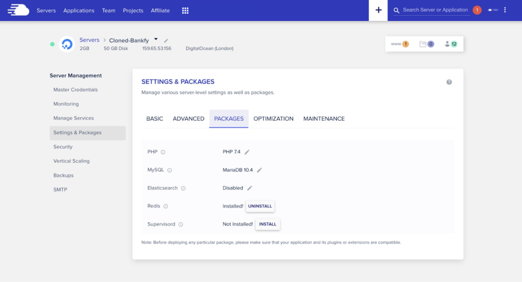 Cloudways VPS server management panel with server controls
