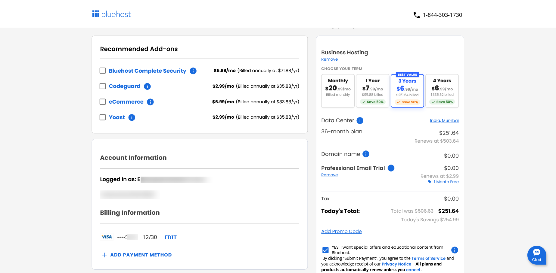 screenshot of Bluehost settings