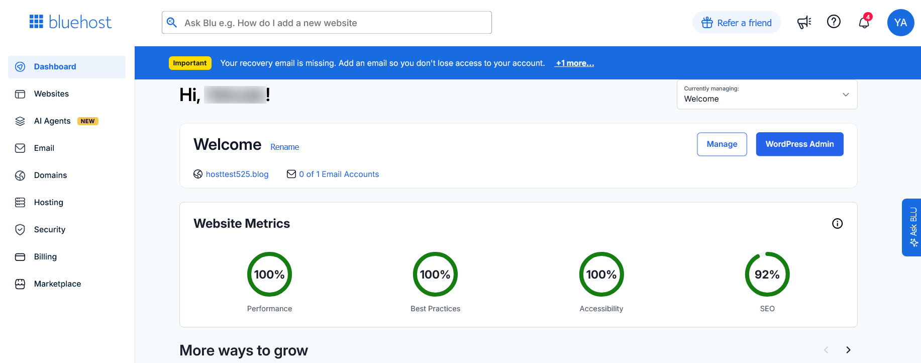 screenshot of Bluehost dashboard